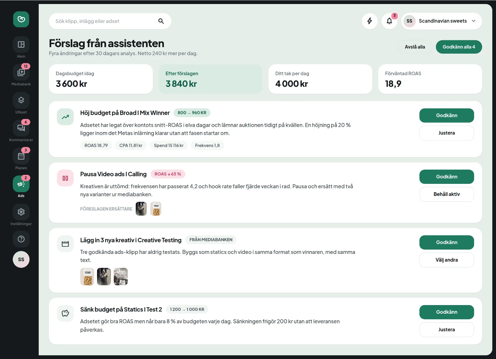 Förslag från assistenten i Pretzel: höj budget, pausa, lägg in nya kreativ — med Godkänn på varje rad.